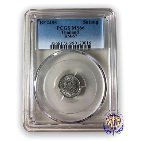 เหรียญ 1 สตางค์ พ.ศ.2485 เนื้อดีบุก ในตลับเกรด PCGS MS66