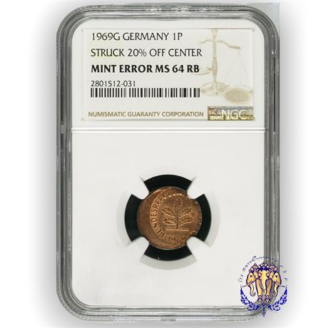 เหรียญตลก ประเทศเยอรมนี One Pfennig 1969, Coin from Germany Mint Error MS64 RB