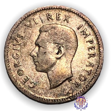 SOUTH AFRICA- 1945/3 Double Date 3 THREEPENCE GEORGE VI 0.800 SILVER COIN.