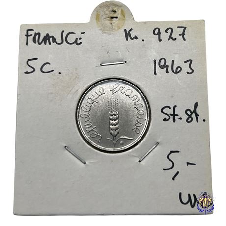 Coin France 5 centimes, 1963 UNC